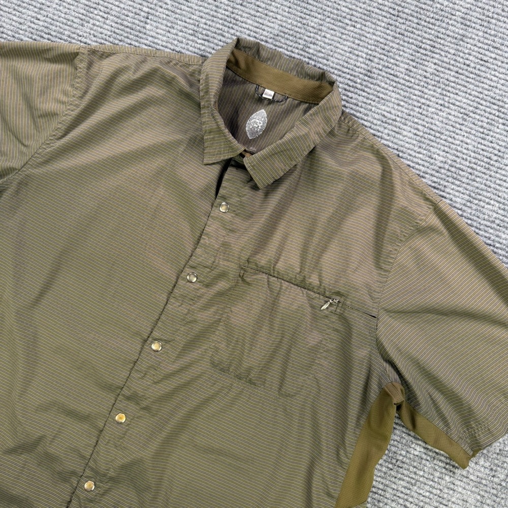 Club Ride Apparel Men XL Short Sleeve Striped Snap Hiking Shirt Olive Green READ